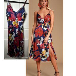 Lulus All About Love Royal Blue Floral Print Midi Dress Size XS New NWT